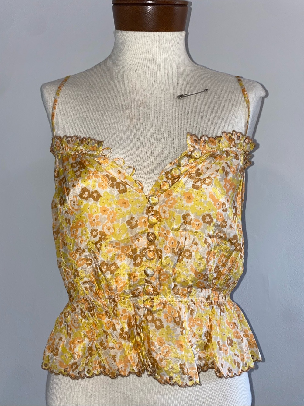 Vintage Floral Yellow and Brown Ruffled Camisole Top Size Small Cotton Silk